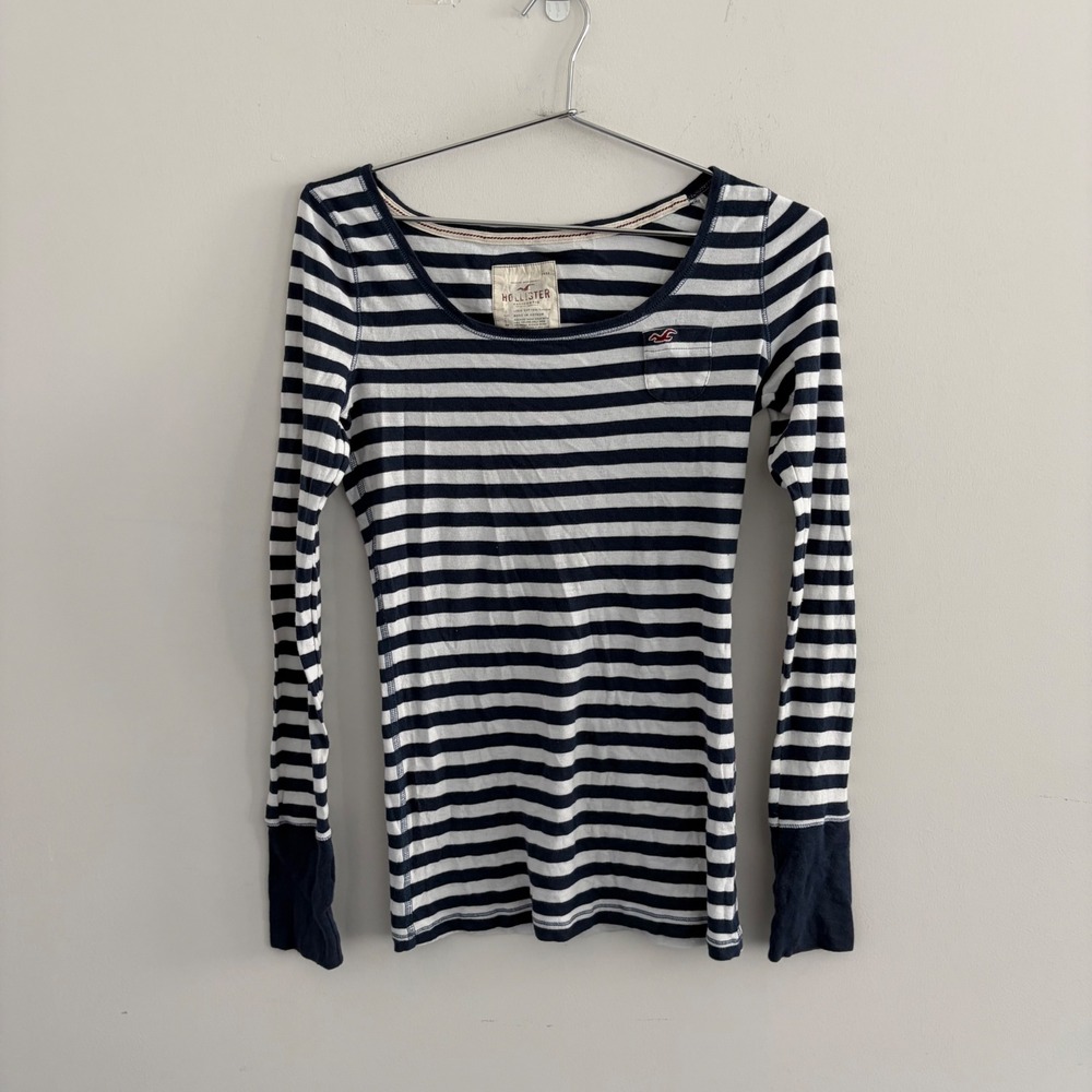 Hollister Womens Navy Blue White Striped Long Sleeve Pocket T-Shirt Size L